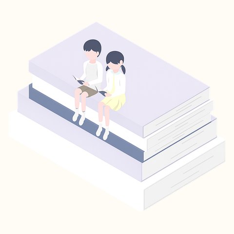 積み重ねた本の上に座る子ども2人のイラスト