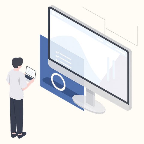 ノートパソコンを手に大きなモニターの前に立つ人のイラスト