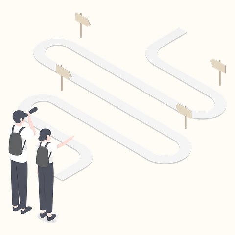 道標の立つ山道を歩くハイカー2人のイラスト