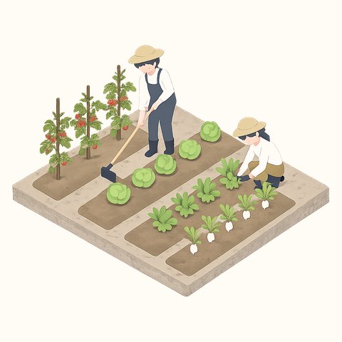 野菜畑で作業する2人のイラスト